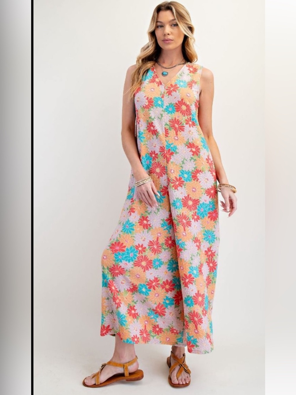 414 ❤️ 1-I EASEL V NECK PRINTED KNIT POPCORN JUMPSUIT